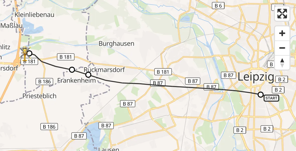 Flugroute Rettungshubschrauber Leipzig University Hospital Heliport 1 - ADAC Air Rescue Station Leipzig/Schkeuditz-Dölzig Hubschrauberlandeplatz (Christoph 61), 21 Mai 2026, 16:23