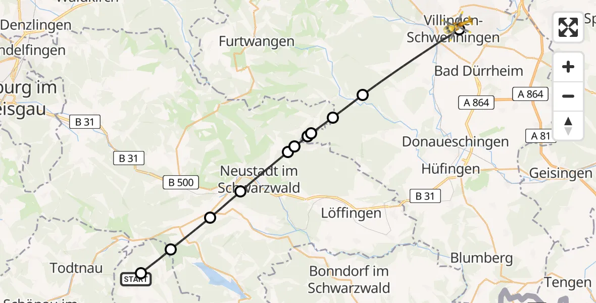 Flugroute Rettungshubschrauber Bernau im Schwarzwald - DRF Air Rescue Station Villingen-Schwenningen Hubschrauberlandeplatz (Christoph 11), 21 Mai 2026, 16:32