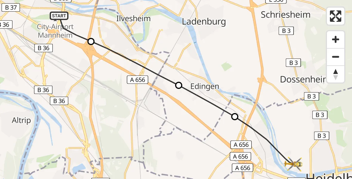 Flugroute Rettungshubschrauber Mannheim-City Flughafen - Heidelberg, 21 Mai 2026, 16:34