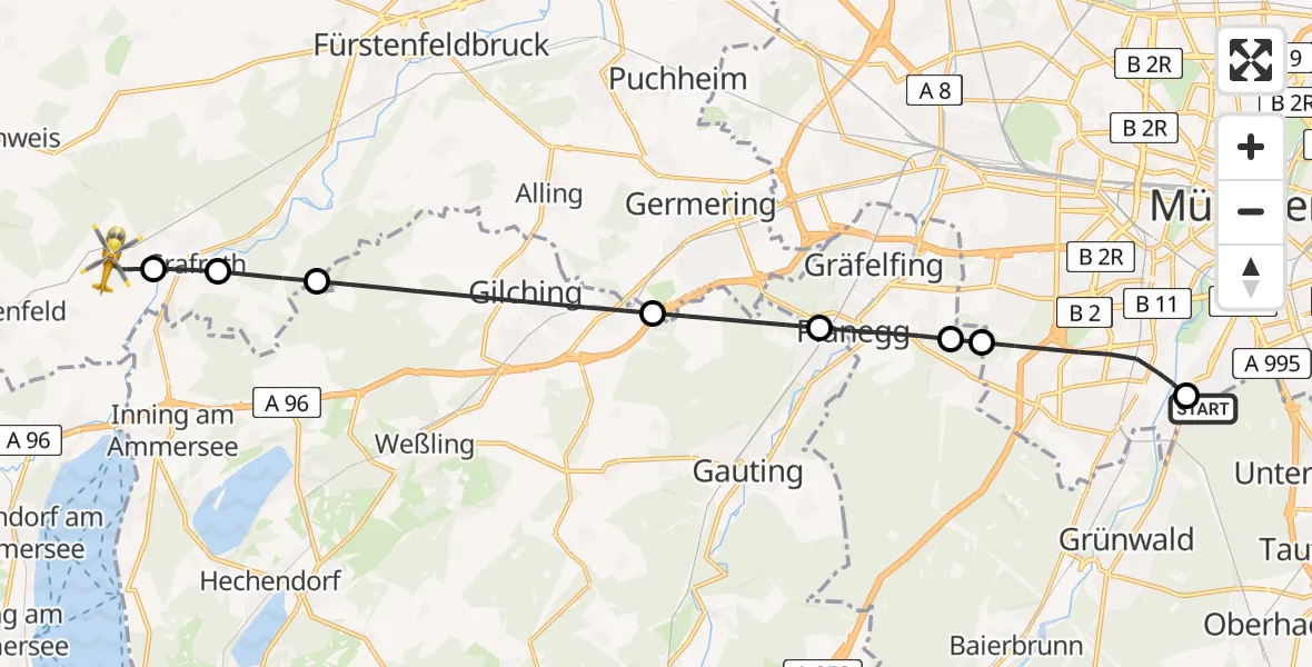 Flugroute Rettungshubschrauber ADAC Air Rescue Center Hubschrauberlandeplatz (Christoph 1) - Kottgeisering, 21 Mai 2026, 16:36