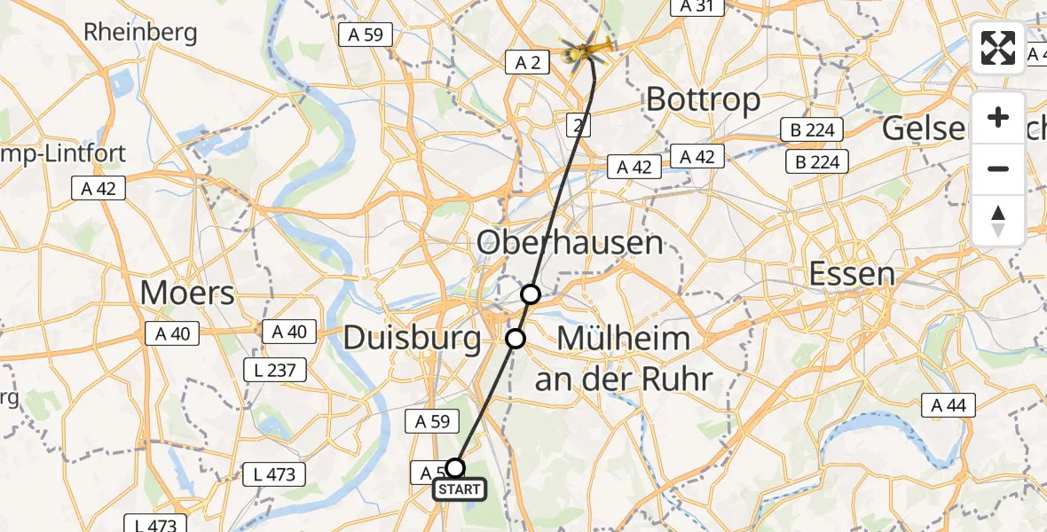 Flugroute Rettungshubschrauber Duisburg Air Rescue Hubschrauberlandeplatz (Christoph 9) - Oberhausen, 21 Mai 2026, 16:44