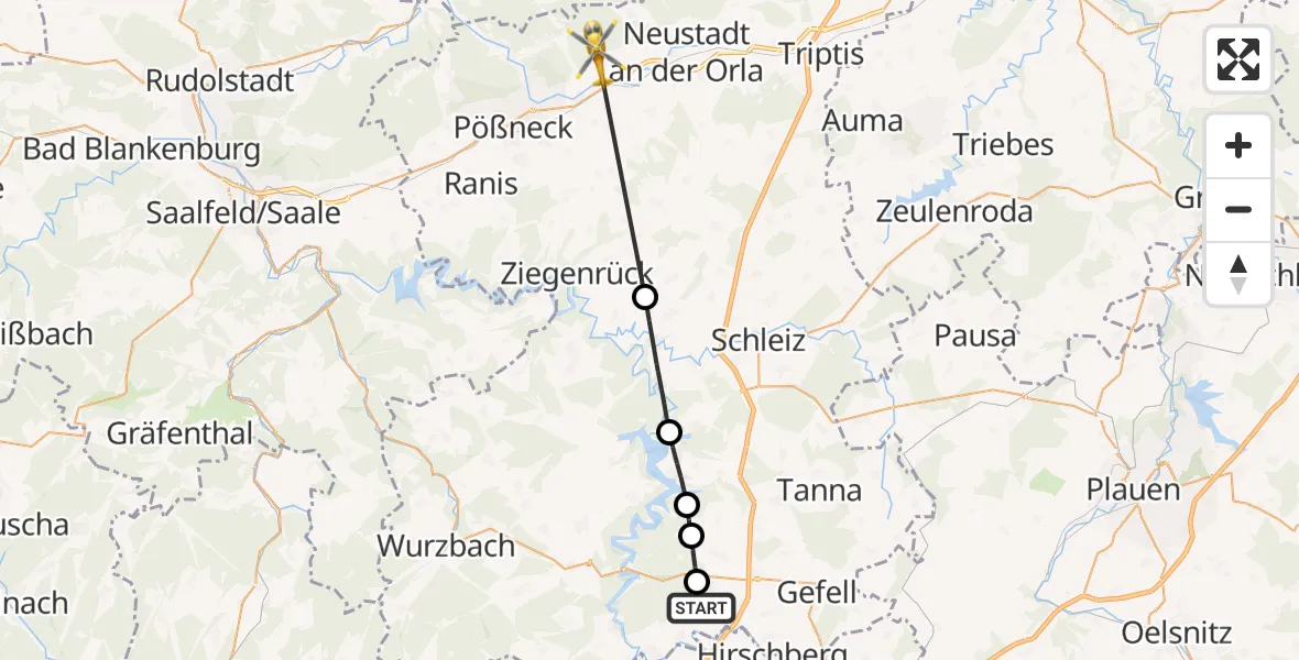 Flugroute Rettungshubschrauber Rosenthal am Rennsteig - Oppurg, 21 Mai 2026, 16:47