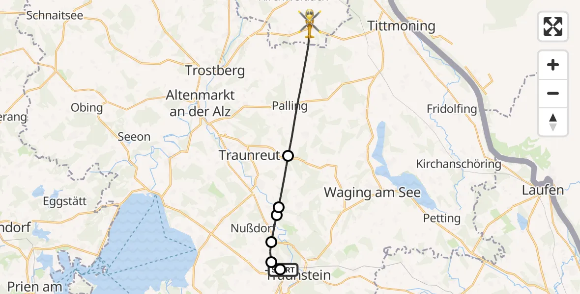 Flugroute Rettungshubschrauber Traunstein Hospital - Tyrlaching, 21 Mai 2026, 16:54