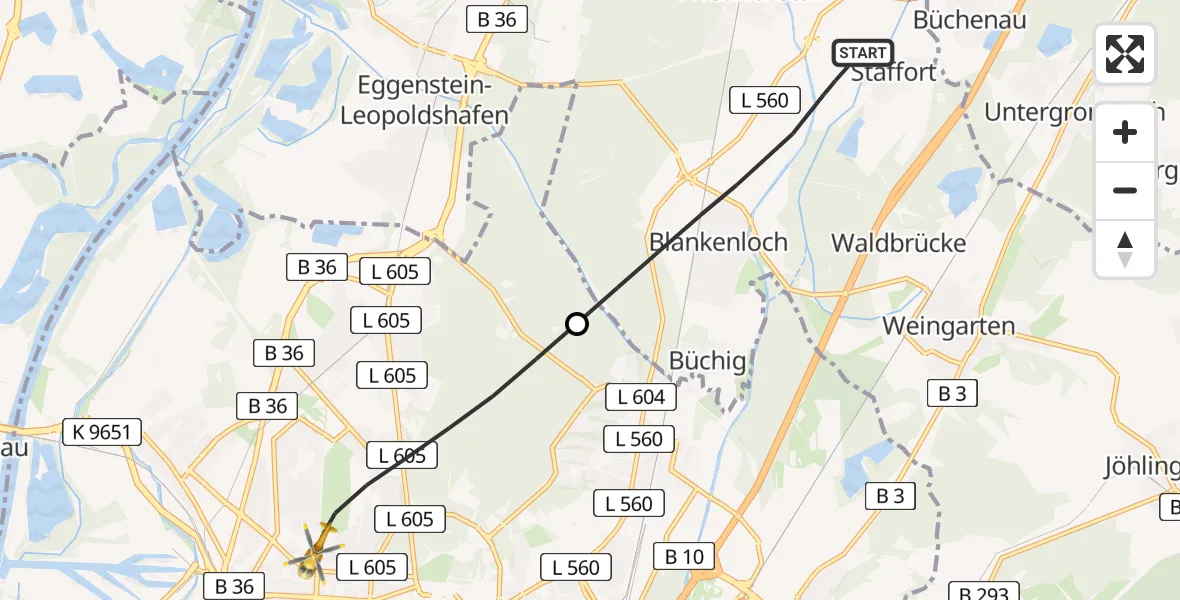 Flugroute Rettungshubschrauber Stutensee - Karlsruhe, 21 Mai 2026, 16:59