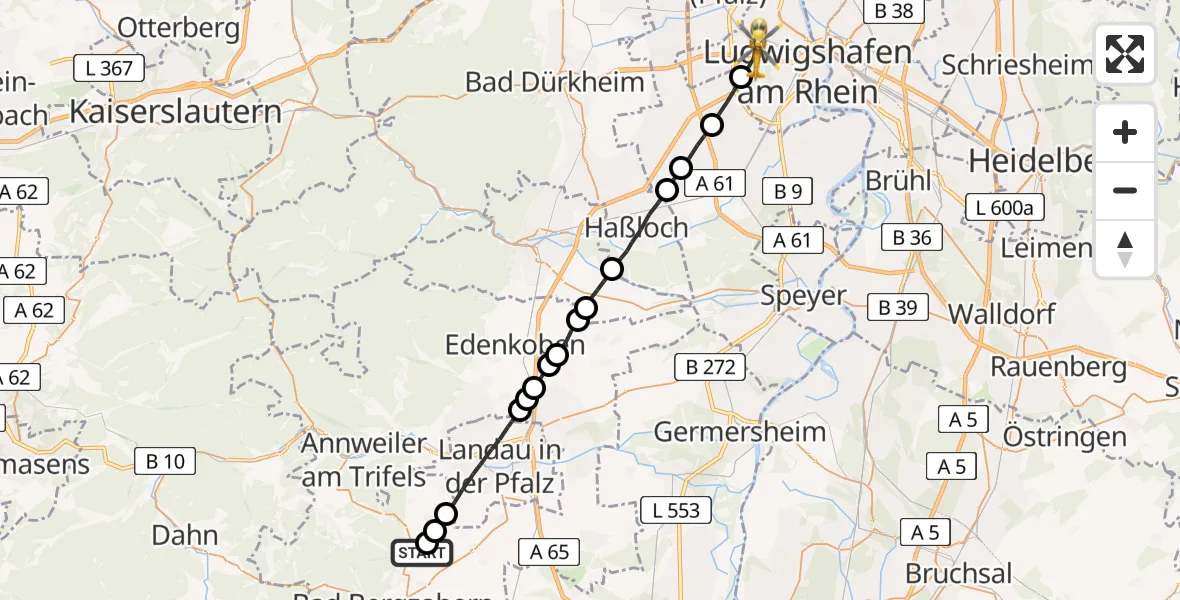 Flugroute Rettungshubschrauber Klingenmünster - Ludwigshafen Accident Hospital Hubschrauberlandeplatz, 21 Mai 2026, 17:01