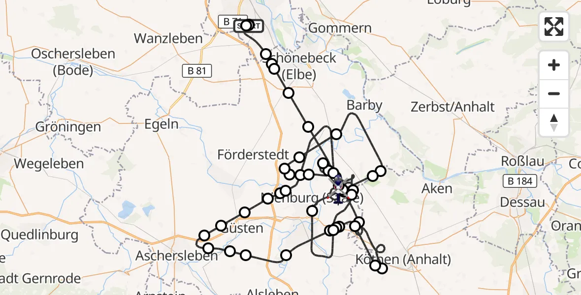 Flugroute Polizeihubschrauber Magdeburg - Nienburg (Saale), 21 Mai 2026, 17:02