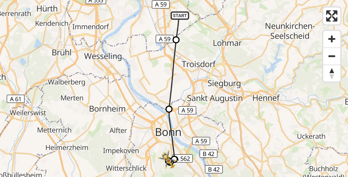 Flugroute Rettungshubschrauber Köln Bonn Flughafen - Bonn University Hospital, 21 Mai 2026, 17:04