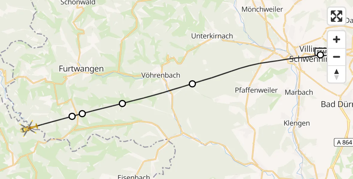 Flugroute Rettungshubschrauber DRF Air Rescue Station Villingen-Schwenningen Hubschrauberlandeplatz (Christoph 11) - St. Märgen, 21 Mai 2026, 17:14