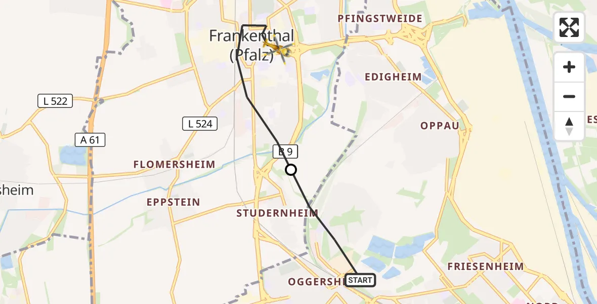 Flugroute Rettungshubschrauber Ludwigshafen am Rhein - Frankenthal (Pfalz), 21 Mai 2026, 17:15