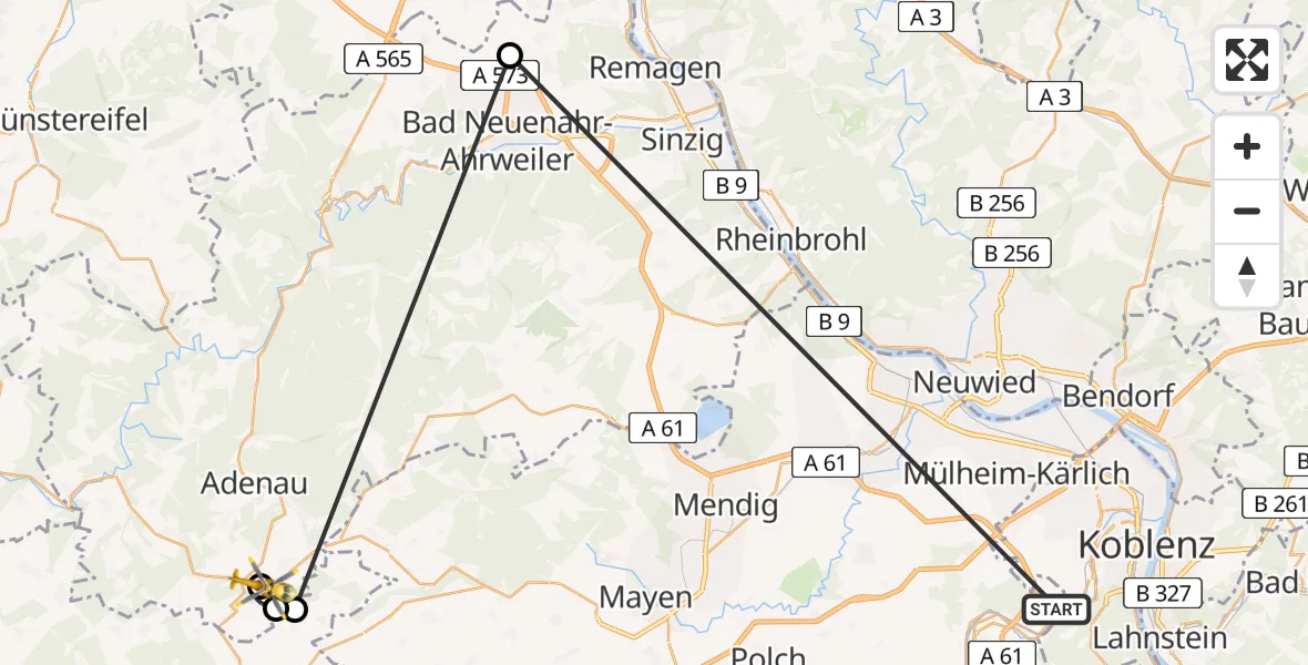 Flugroute Ambulanzhubschrauber Koblenz-Winningen Flugplatz - Nürburg, 21 Mai 2026, 17:15