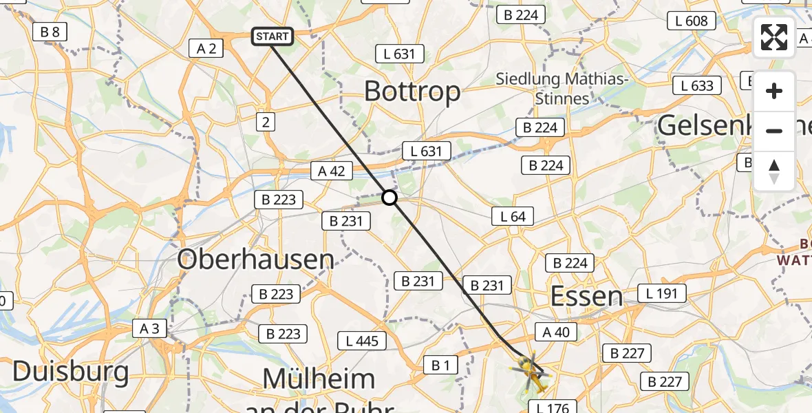 Flugroute Rettungshubschrauber Oberhausen - Essen, 21 Mai 2026, 17:24