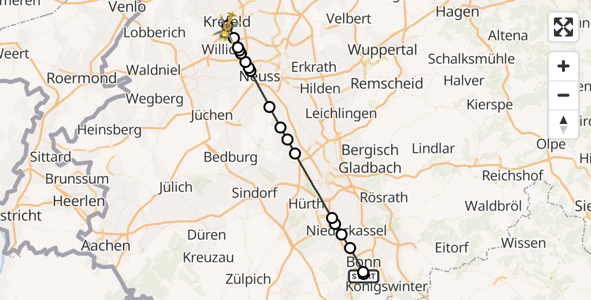 Flugroute Rettungshubschrauber Bonn University Hospital - Helios Clinic Krefeld, 21 Mai 2026, 17:25