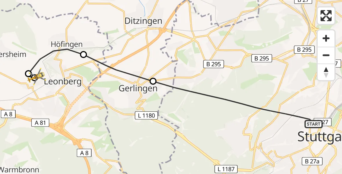 Flugroute Rettungshubschrauber Stuttgart - Leonberg Hospital, 21 Mai 2026, 17:27