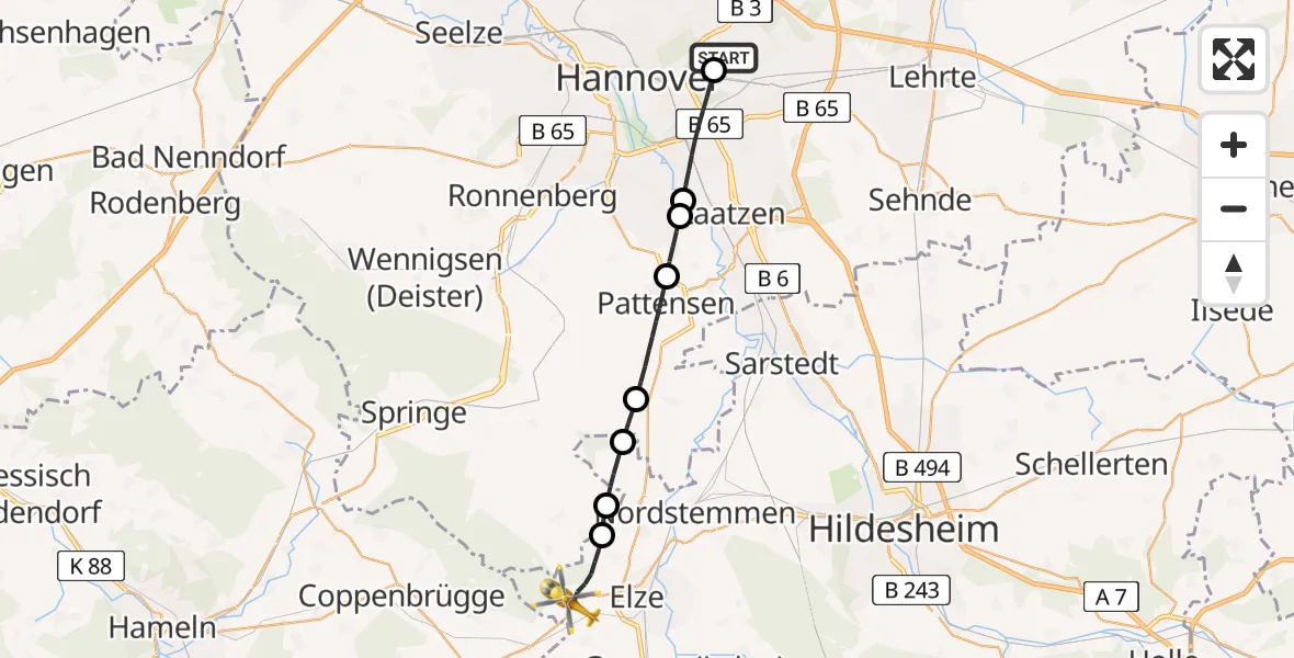 Flugroute Rettungshubschrauber Hannover Luftrettung Hubschrauberlandeplatz (Christoph 4) - Elze, 21 Mai 2026, 17:29