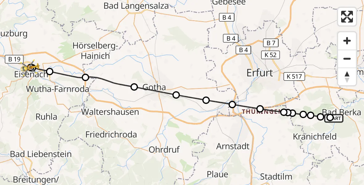 Flugroute Ambulanzhubschrauber DRF Rettungsstation Bad Berka Hubschrauberlandeplatz - Sankt Georg Hospital Eisenach, 21 Mai 2026, 17:36