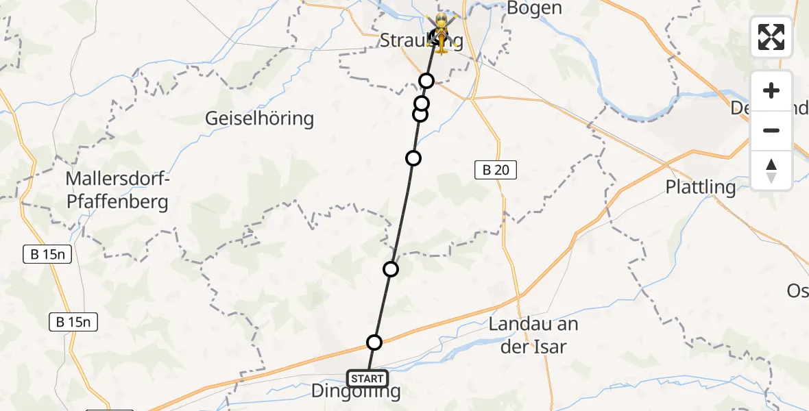 Flugroute Rettungshubschrauber Dingolfing - Sankt Elisabeth Hospital Straubing, 21 Mai 2026, 17:43