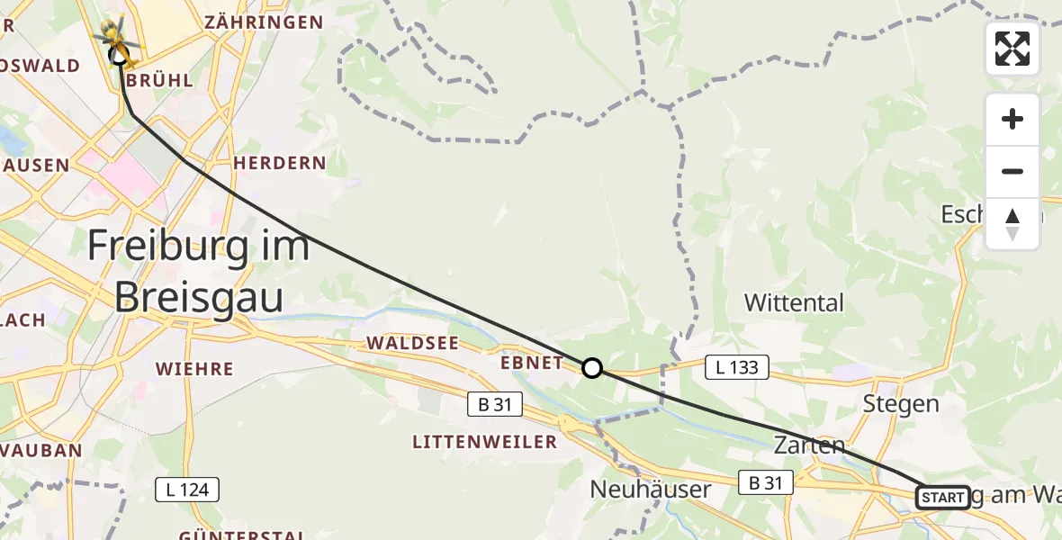Flugroute Rettungshubschrauber Kirchzarten - Freiburg im Breisgau Flugplatz, 21 Mai 2026, 17:50
