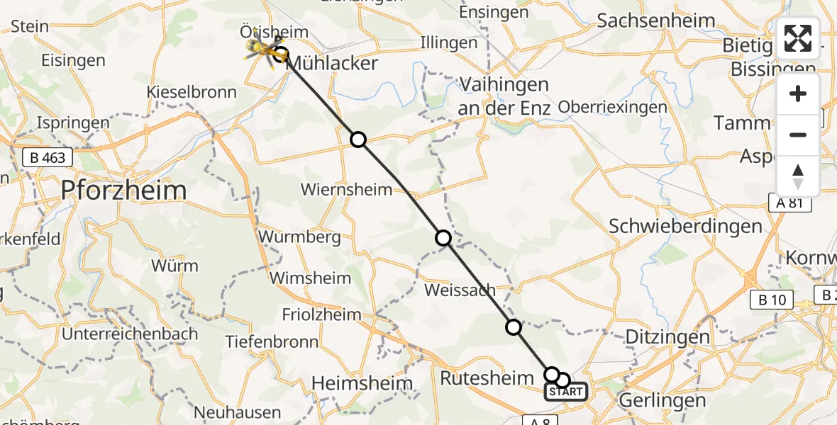 Flugroute Rettungshubschrauber Leonberg Hospital - Ötisheim, 21 Mai 2026, 17:54