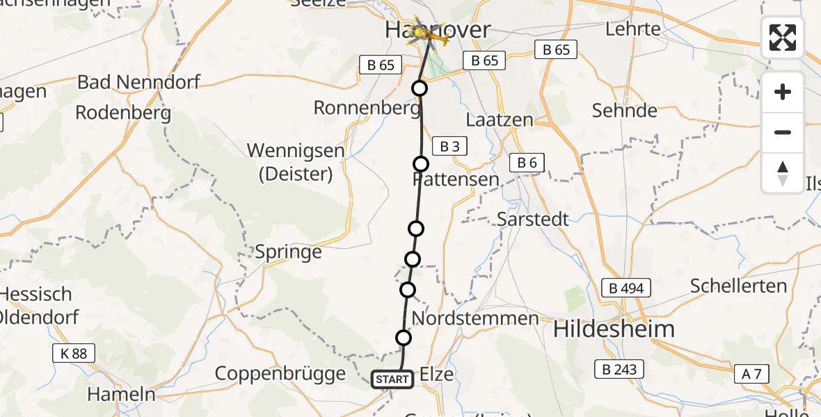 Flugroute Rettungshubschrauber Elze - Hannover, 21 Mai 2026, 17:58