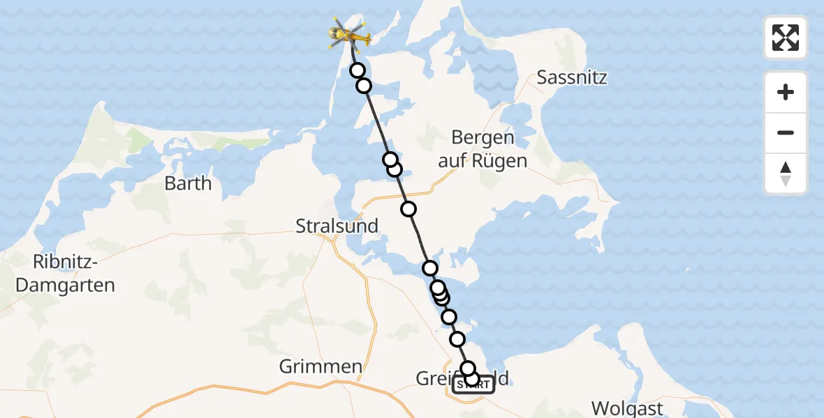 Flugroute Rettungshubschrauber Greifswald Hospital - Insel Hiddensee, 21 Mai 2026, 18:00