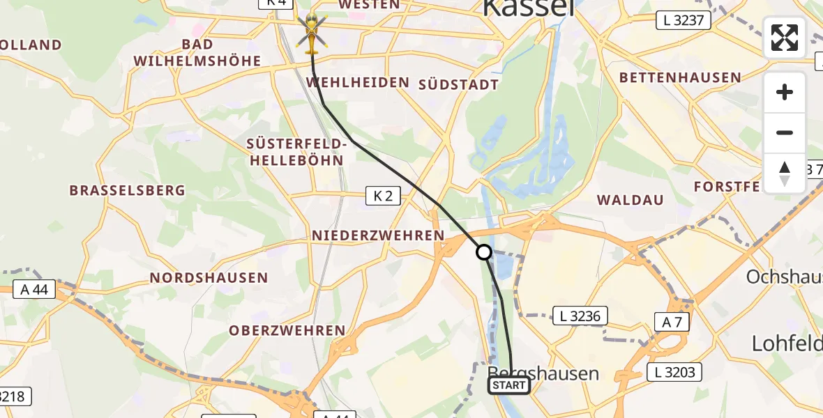 Flugroute Rettungshubschrauber Fuldabrück - Kassel, 21 Mai 2026, 18:04