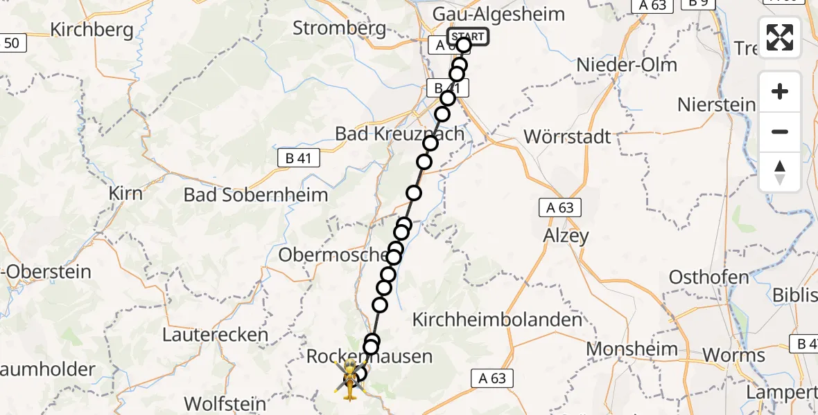 Flugroute Rettungshubschrauber Ockenheim - Imsweiler UL, 21 Mai 2026, 18:12