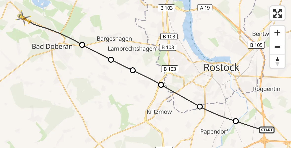Flugroute Ambulanzhubschrauber Dummerstorf - Bad Doberan, 21 Mai 2026, 18:21