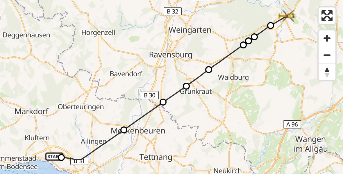 Flugroute Rettungshubschrauber Friedrichshafen Hospital - Wolfegg, 21 Mai 2026, 18:46