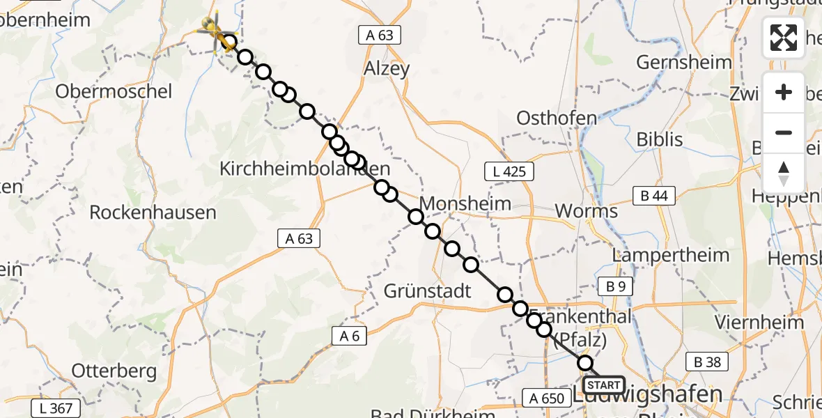 Flugroute Rettungshubschrauber Ludwigshafen am Rhein - Fürfeld, 21 Mai 2026, 18:47