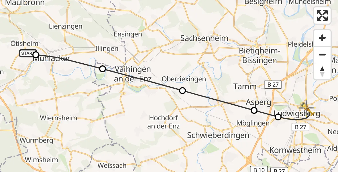 Flugroute Rettungshubschrauber Ötisheim - Ludwigsburg, 21 Mai 2026, 18:48