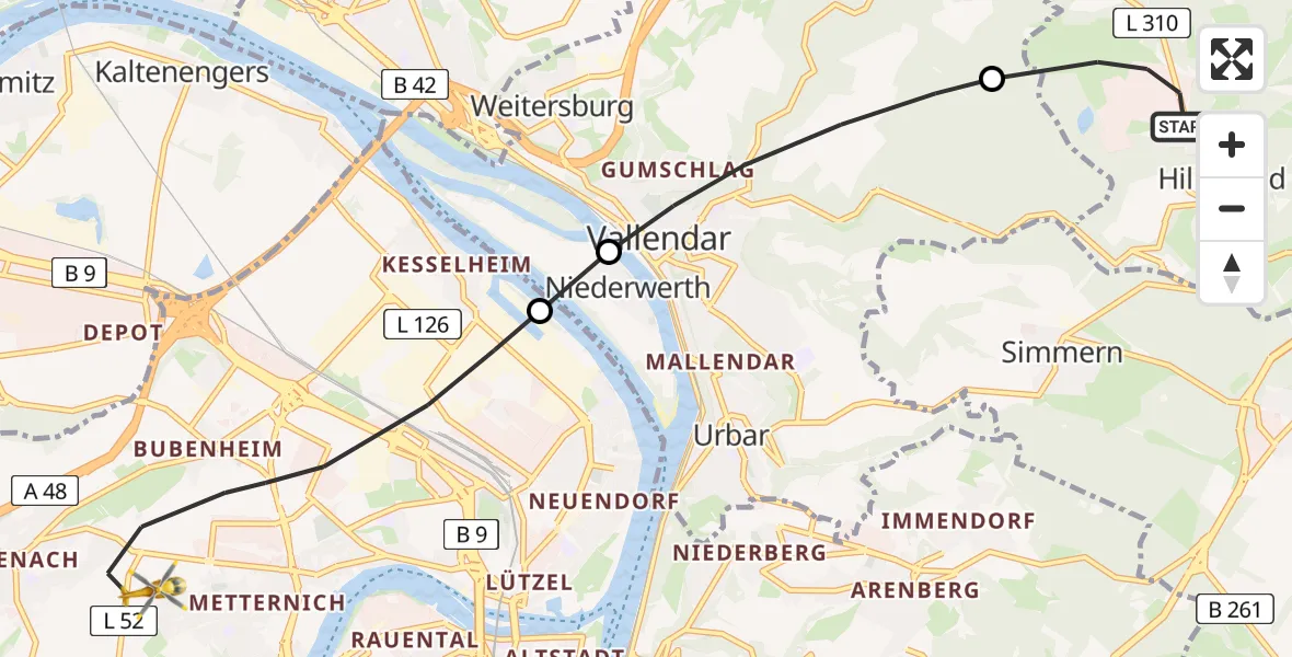 Flugroute Rettungshubschrauber Hillscheid - Koblenz, 21 Mai 2026, 18:53