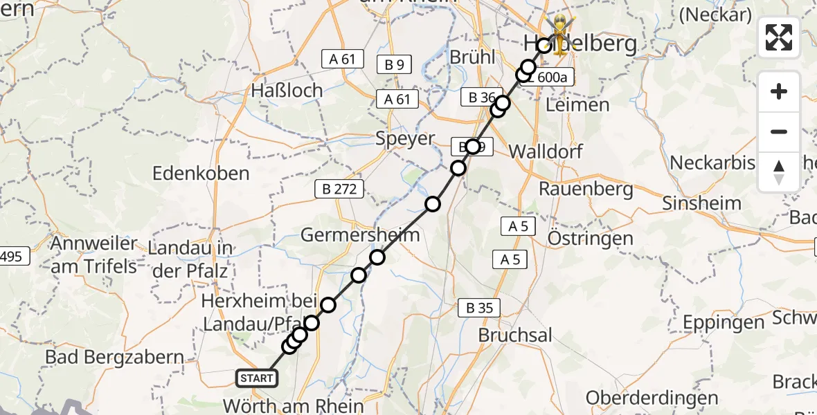 Flugroute Rettungshubschrauber Kandel - Heidelberg, 21 Mai 2026, 18:53
