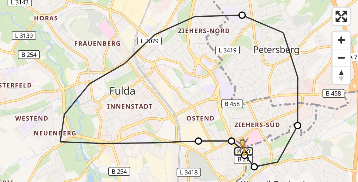 Flugroute Rettungshubschrauber Fulda Hospital - Fulda Hospital, 21 Mai 2026, 19:04
