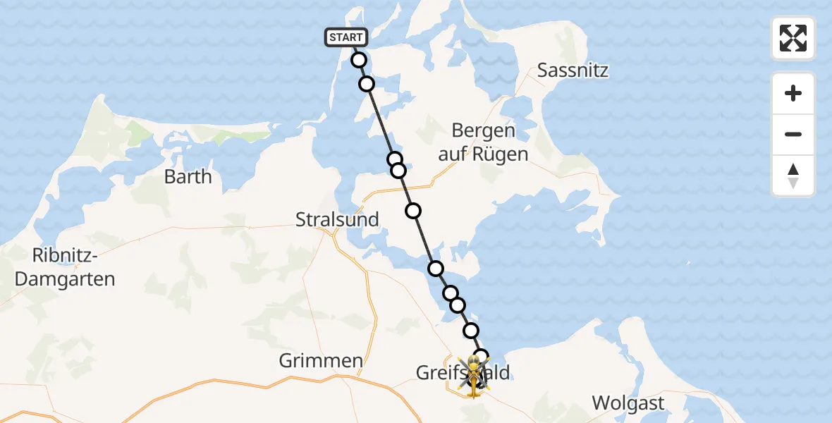 Flugroute Rettungshubschrauber Insel Hiddensee - Greifswald Hospital, 21 Mai 2026, 19:08