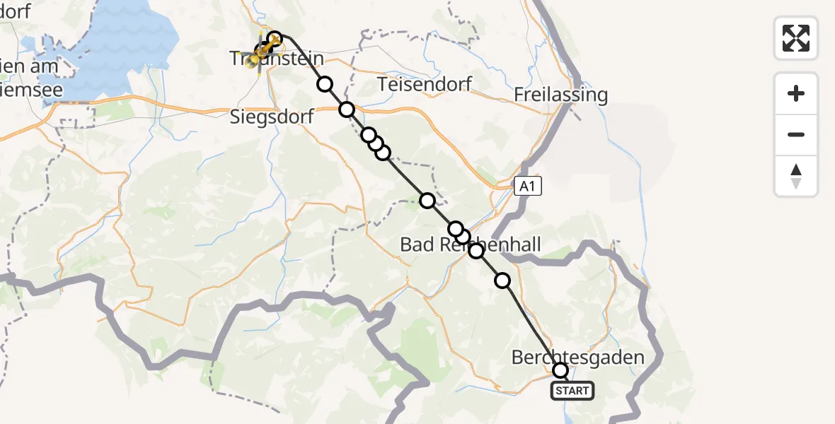 Flugroute Rettungshubschrauber Schönau a.Königssee - Traunstein Hospital, 21 Mai 2026, 19:10