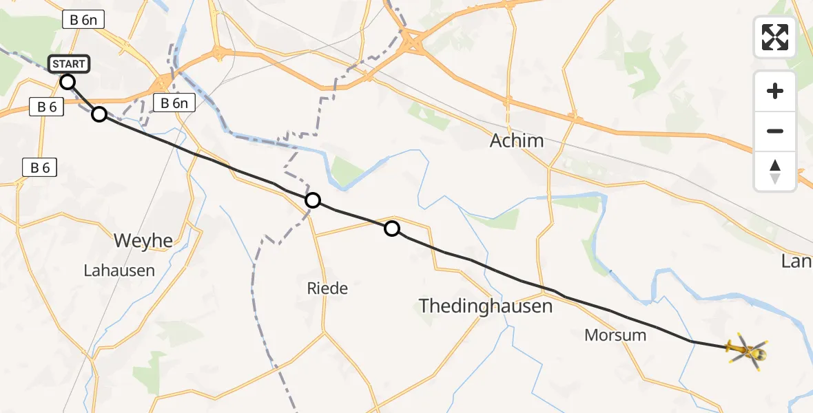 Flugroute Rettungshubschrauber ADAC Air Rescue Station Bremen Hubschrauberlandeplatz (Christoph 6) - Blender, 21 Mai 2026, 19:16
