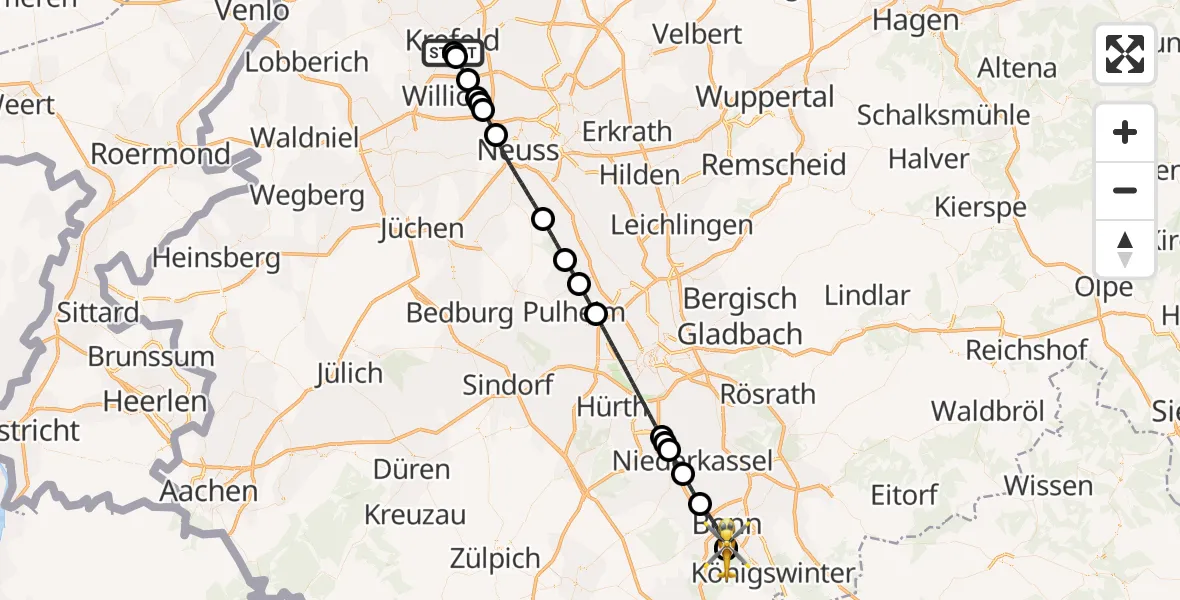 Flugroute Rettungshubschrauber Helios Clinic Krefeld - Bonn University Hospital, 21 Mai 2026, 19:20
