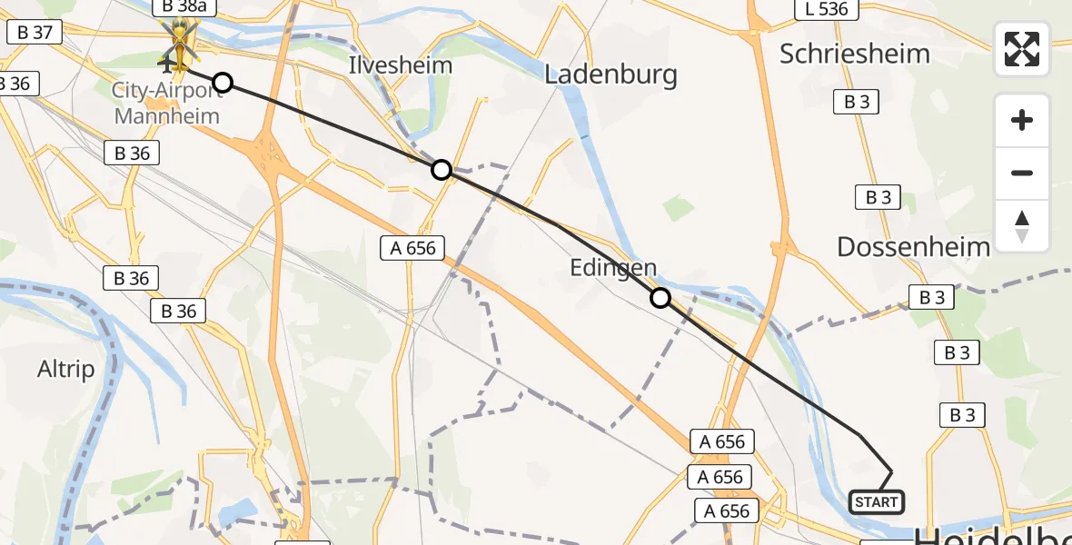 Flugroute Rettungshubschrauber Heidelberg - Mannheim-City Flughafen, 21 Mai 2026, 19:21
