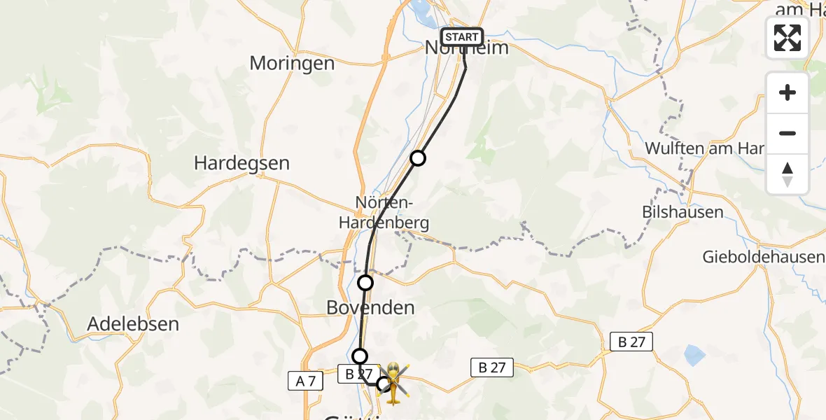 Flugroute Rettungshubschrauber Northeim - Göttingen University Clinic Hubschrauberlandeplatz, 21 Mai 2026, 19:27
