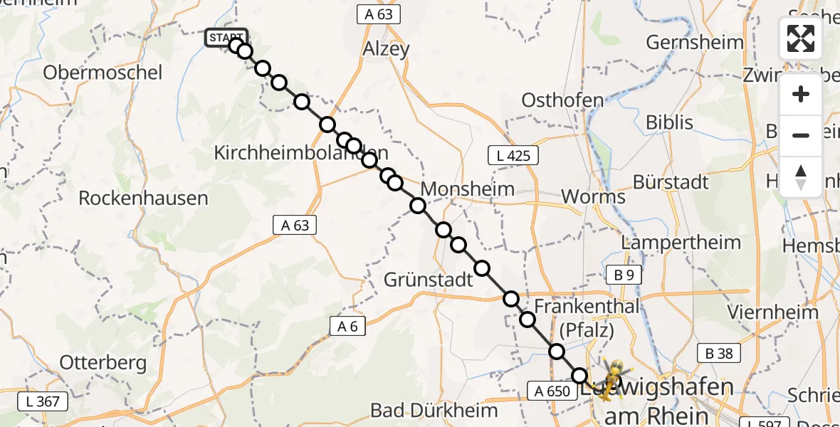 Flugroute Rettungshubschrauber Wonsheim - Ludwigshafen Accident Hospital Hubschrauberlandeplatz, 21 Mai 2026, 19:27