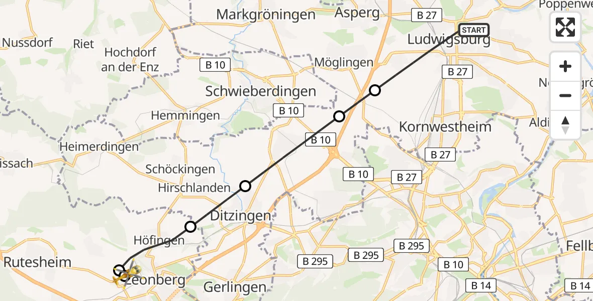 Flugroute Rettungshubschrauber Ludwigsburg - Leonberg Hospital, 21 Mai 2026, 19:28