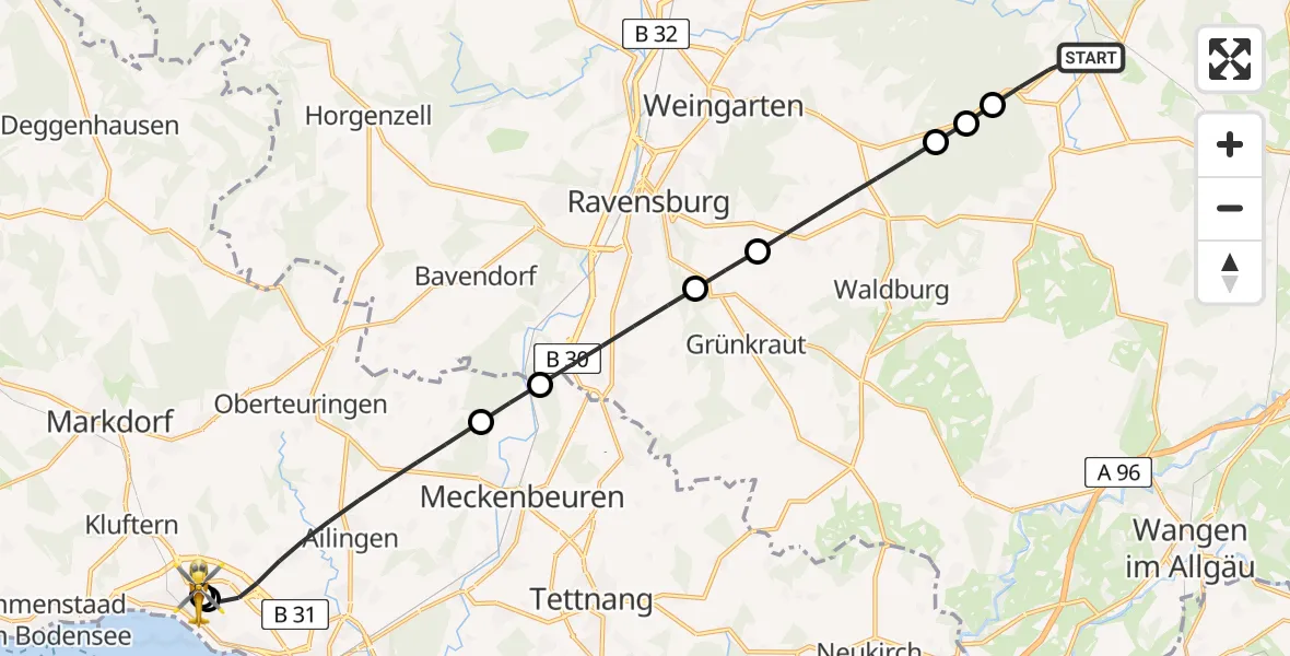 Flugroute Rettungshubschrauber Wolfegg - Friedrichshafen Hospital, 21 Mai 2026, 19:29