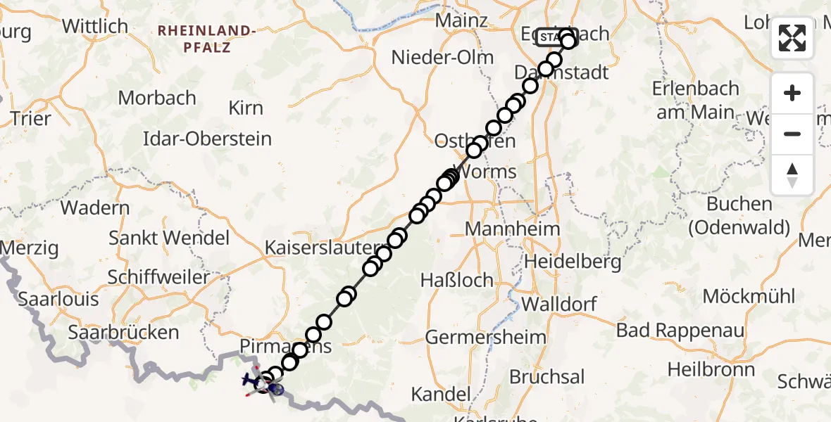 Flugroute Polizeihubschrauber Flughafen Frankfurt-Egelsbach - Hilst, 21 Mai 2026, 19:34