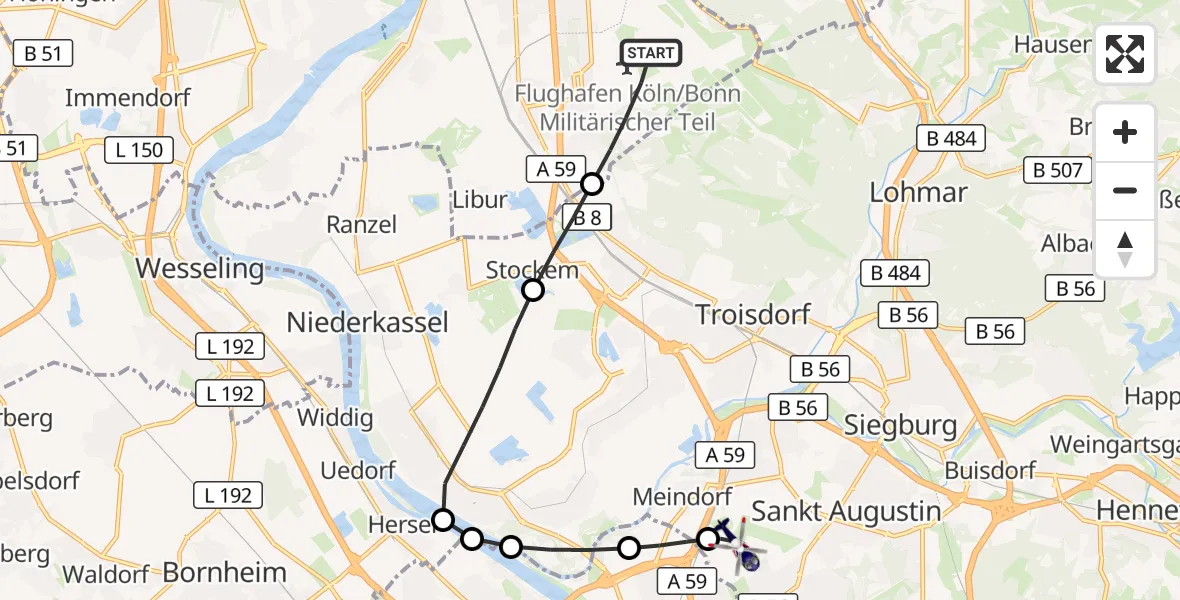 Flugroute Polizeihubschrauber Köln Bonn Flughafen - Sankt Augustin, 21 Mai 2026, 19:44