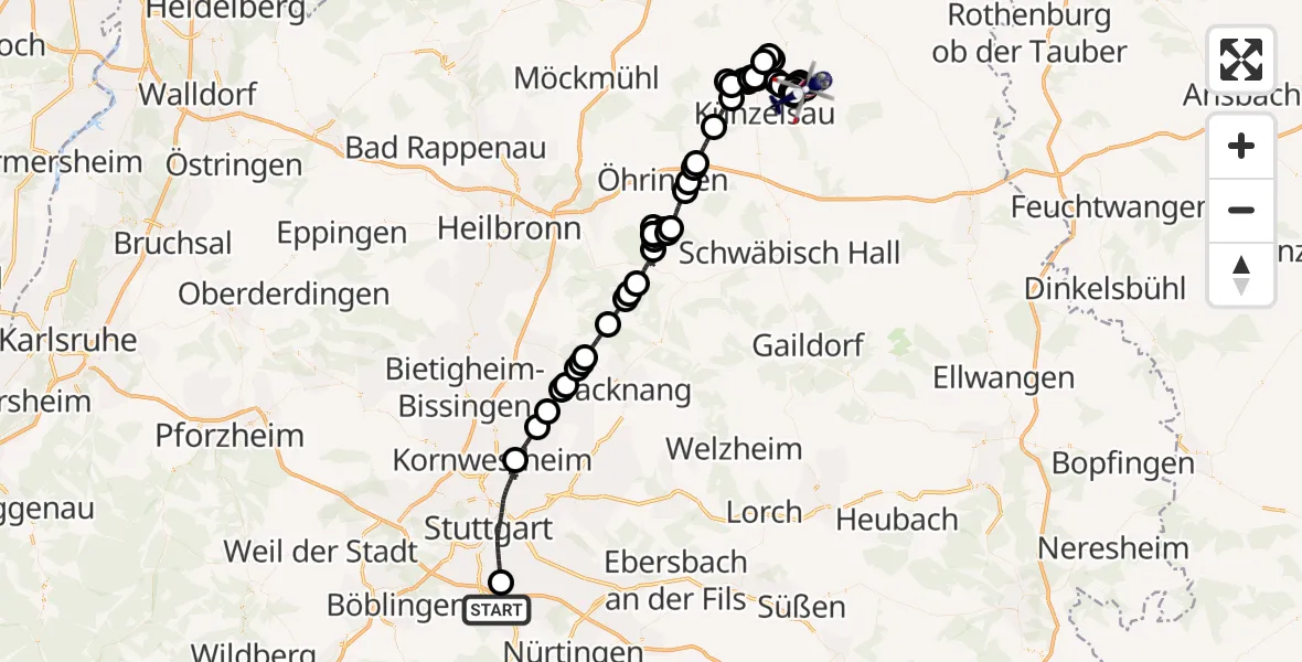 Flugroute Polizeihubschrauber Flughafen Stuttgart - Künzelsau, 21 Mai 2026, 19:52
