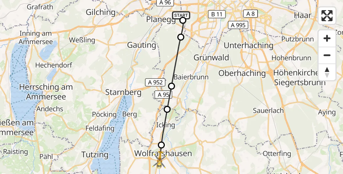 Flugroute Rettungshubschrauber DRF Air Rescue München Hubschrauberlandeplatz - Wolfratshausen, 21 Mai 2026, 19:52