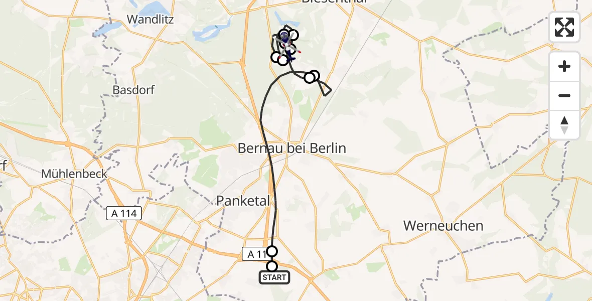 Flugroute Polizeihubschrauber Ahrensfelde Hubschrauberlandeplatz - Bernau bei Berlin, 21 Mai 2026, 20:10