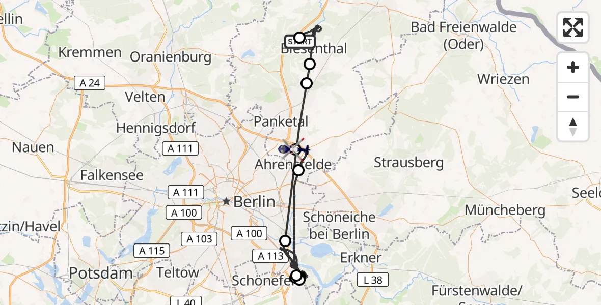 Flugroute Polizeihubschrauber Wandlitz - Ahrensfelde Hubschrauberlandeplatz, 21 Mai 2026, 20:41