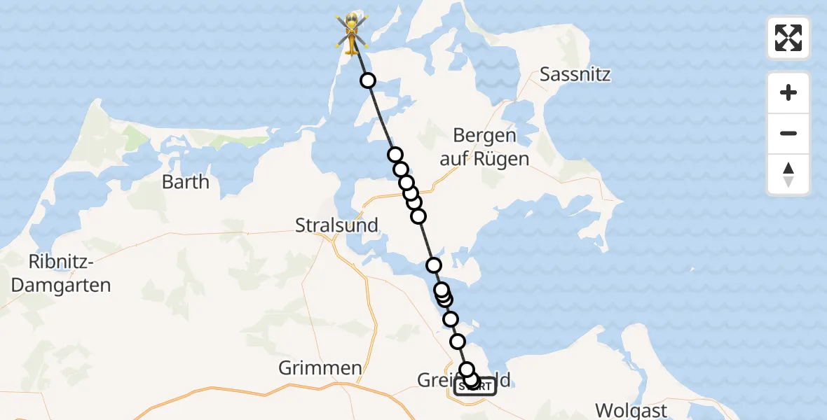 Flugroute Rettungshubschrauber Greifswald Hospital - Insel Hiddensee, 21 Mai 2026, 20:48