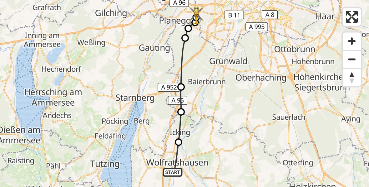 Flugroute Rettungshubschrauber Wolfratshausen - DRF Air Rescue München Hubschrauberlandeplatz, 21 Mai 2026, 20:48